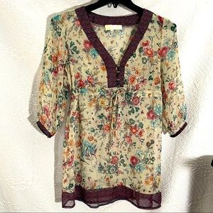 Ronit Zilkha Button V-neck Garden Sheer Blouse